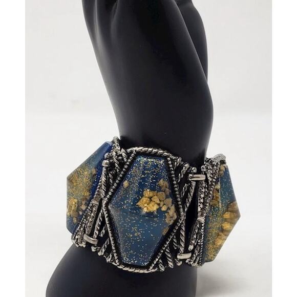 Vintage Lucite Teal & Gold Confetti Resin w/ Gold Flakes on Wide Silver Bracelet - Picture 1 of 6